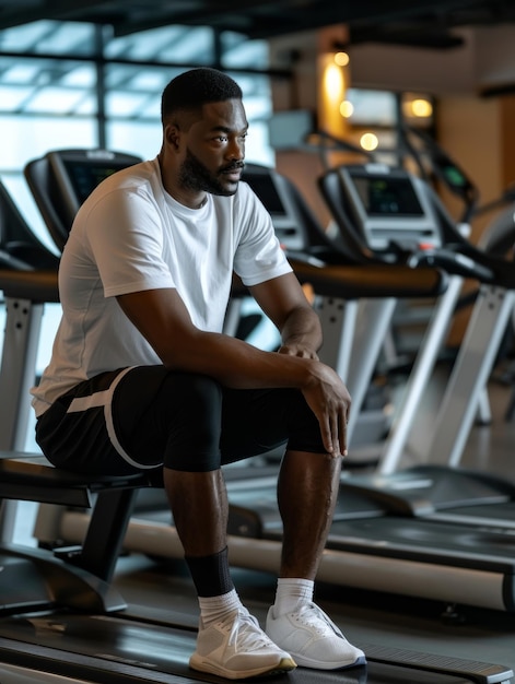 A focused man rests on a treadmill in a modern gym embodying determination and contemplation after a workout The image evokes themes of fitness goals and personal wellbeing