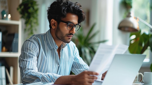 Photo focused man reviewing documents in front of a laptop in a modern office setting