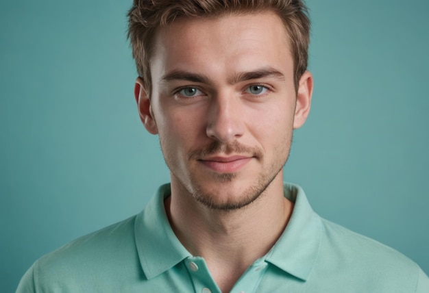 A focused man in a teal polo shirt looking directly at the camera with a calm expression