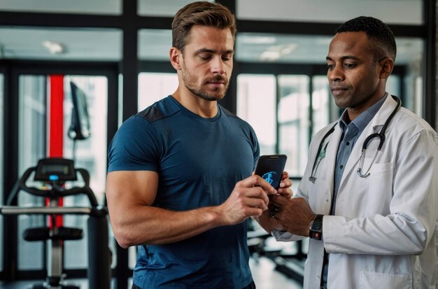 Photo focused man using tablet in gym