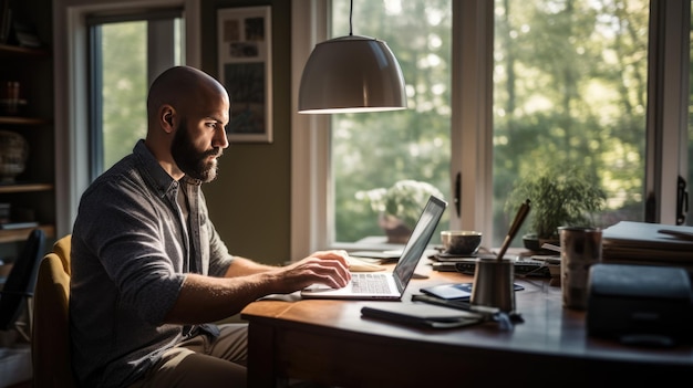 Foto un uomo concentrato con la barba e gli occhiali sta lavorando su un laptop in un ufficio domestico ben illuminato