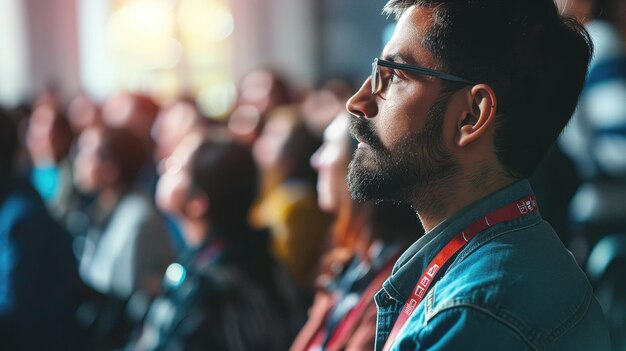 Focused man with glasses at a conference