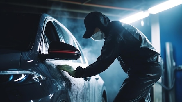 Focused man with hose washing car at washing station Generative ai