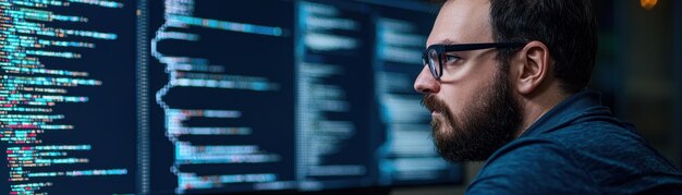 複数のスクリーンでコードを表示する プログラミングに専念した男性 彼の集中力はプログラミングと技術の複雑さを強調しています