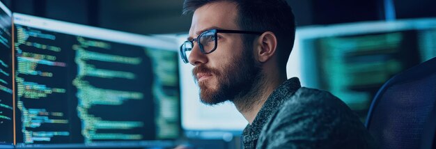 focused man working on coding with multiple screens displaying code his concentration reflects complexity of programming