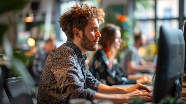 Photo focused man working on computer in cafe