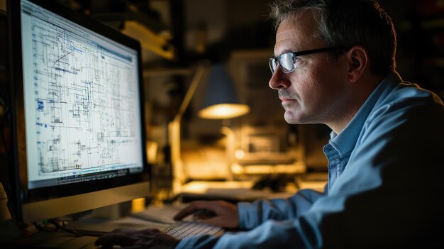 focused man working late on computer analyzing data