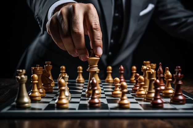 Photo a focused mans hand makes chess moves symbolizing business planning and comparison