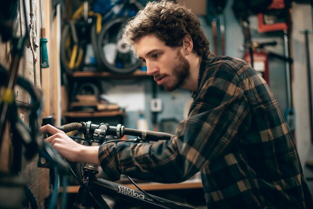 Photo focused mechanic repairing a bicycle in a shop using a special tool with gloves on great for social media posts promoting bicycle maintenance services emphasizing skilled repair work