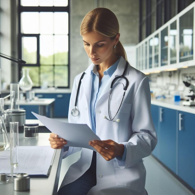 Focused Medical Professional Reviewing Patient Records in Modern Laboratory