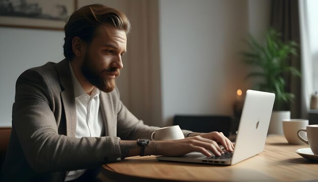 Focused millennial business man using laptop at table Young entrepreneur