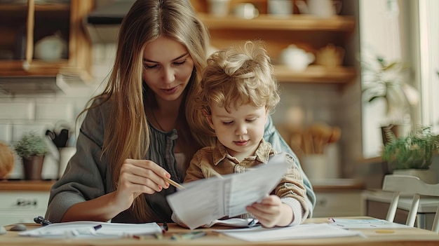 A focused mother helps her young child with paperwork at home