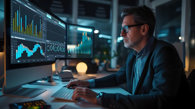 Focused professional analyzing financial data on computer screens at night serious expert in modern office environment conceptualizing strategic planning and investment AI