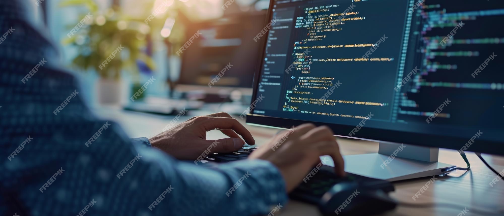 Premium Photo | A focused programmer codes on a computer his hands and ...