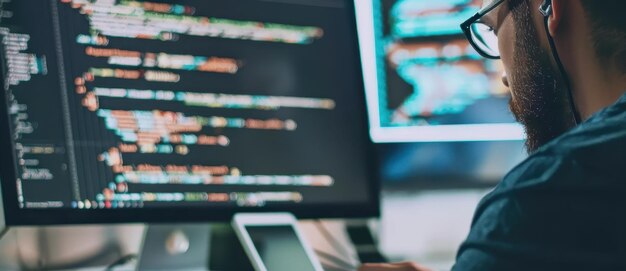 focused programmer coding on computer screen with colorful code displayed in a modern workspace hold