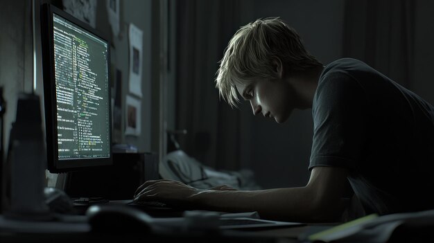 focused programmer coding late at night in dimly lit room