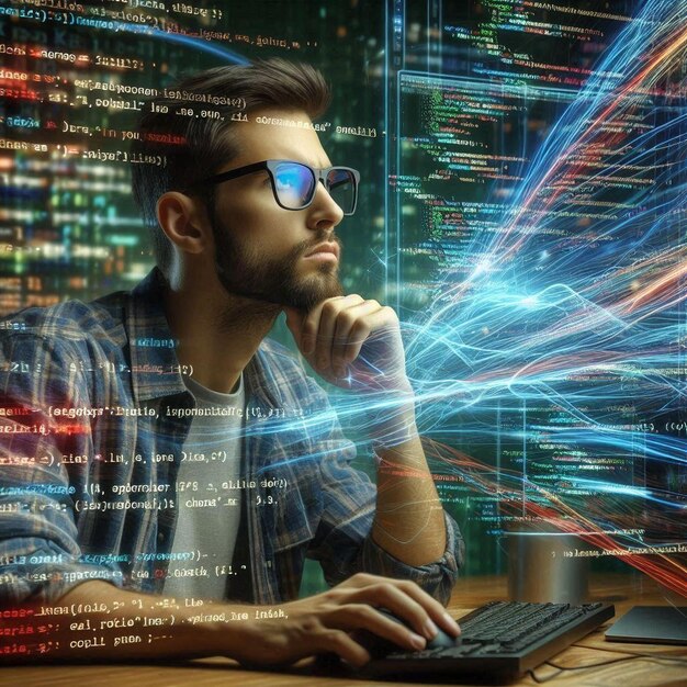 Focused Programmer in Coding Matrix | Premium AI-generated image