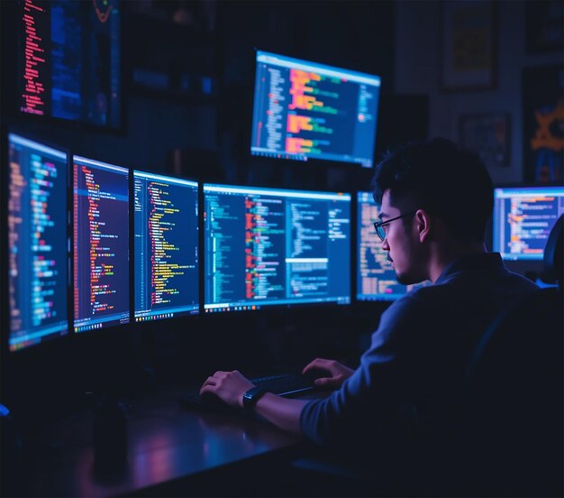 Сосредоточенный программист на работе разработчик программного обеспечения кодирование в темной комнате программист работает с multip