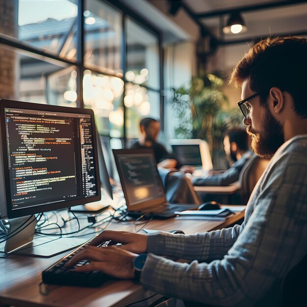 Photo focused programmer working in a busy tech office space