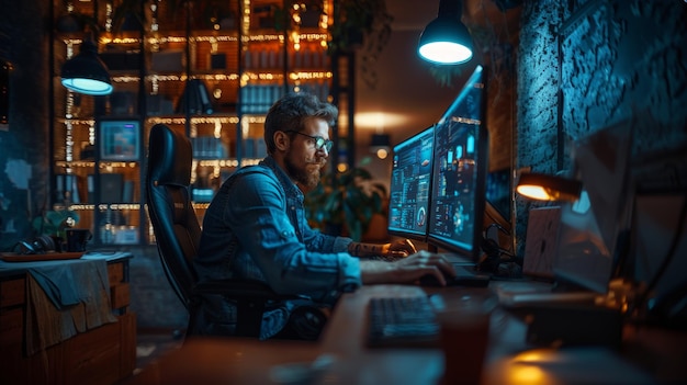 Focused Programmer Working Late in HighTech Office Space