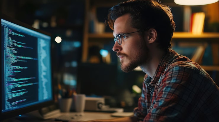 Photo focused programmer working late at night on coding projects with computer screen displaying complex code and data analysis