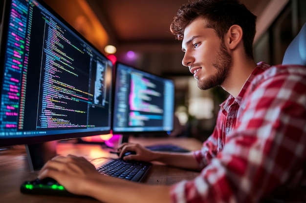 Focused Programmer Working on Software Code at Night Programming Coding ...