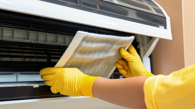 Focused repairman inspecting the internal components of an ac system