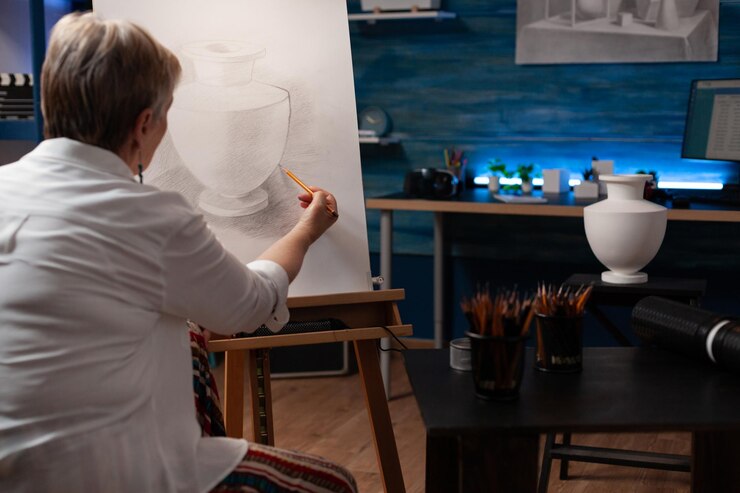 Photo イーゼルの紙の帆布に静物花瓶のモデルを鉛筆で描くことで創造的なアートワークをしている焦点を絞った引退した芸術教師。夜のクラスでの光の研究でスケッチをシェーディングする年配の女性は、インスピレーションを得た感じです。
