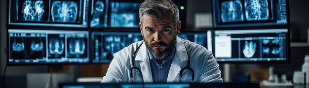 A focused scientist in a lab coat analyzing Xrays on multiple screens with a serious expression and detailed data surrounding him scientific and precise