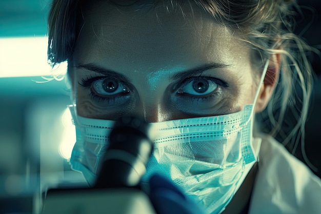 Ученый в лабораторном пальто и защитной маске проводит исследования с помощью микроскопа в лабораторной среде