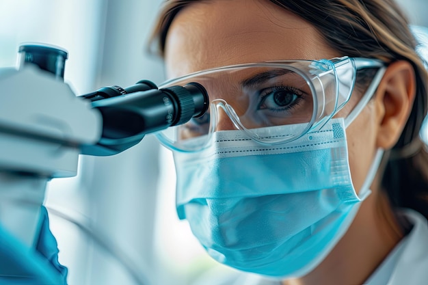 Focused scientist in a lab coat and protective mask conducting research using a microscope in a laboratory environment