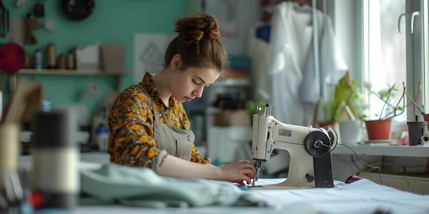 Focused seamstress working on a sewing machine in a sunny workshop craftsmanship and creativity in small business AI