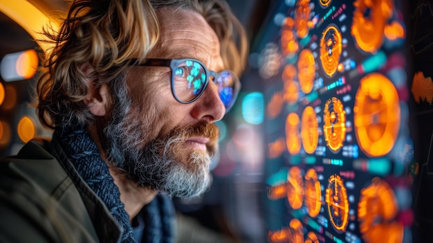 Focused Senior Male Crypto Trader Analyzing Cryptocurrency Market Trends on Digital Display