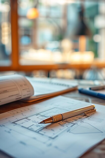 Focused shot on architectural blueprints of a building layout with a pen showcasing planning in