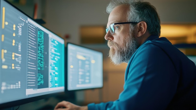 Focused software developer working on multiple monitors with coding and ...