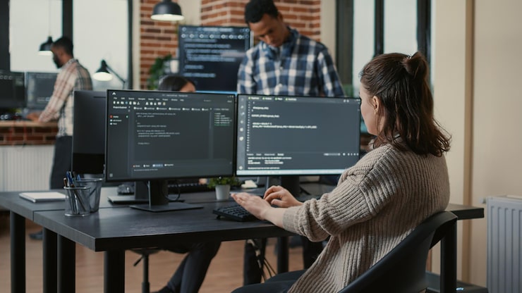 Photo focused software developer writing code looking at multiple computer screens displaying machine learning algorithm. programer coding user interface while colleagues doing teamwork in background.