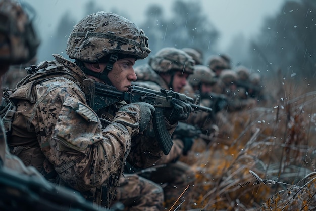 Foto soldati concentrati sdraiati con i fucili durante un'esercitazione militare in un paesaggio innevato