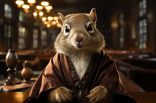 a focused squirrel dressed as a judge wearing a judge AI generated