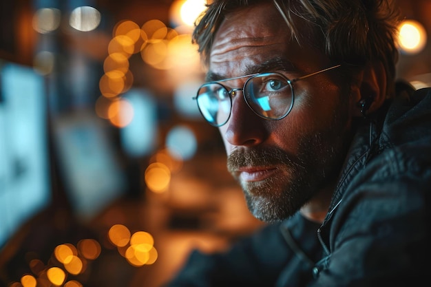 Focused stock exchange trader communicates with clients and diligently works on the computer