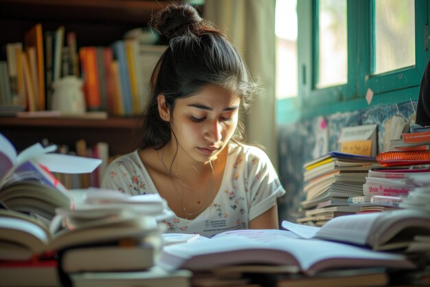 A focused student immersed in her books and notes diligently preparing for upcoming exams