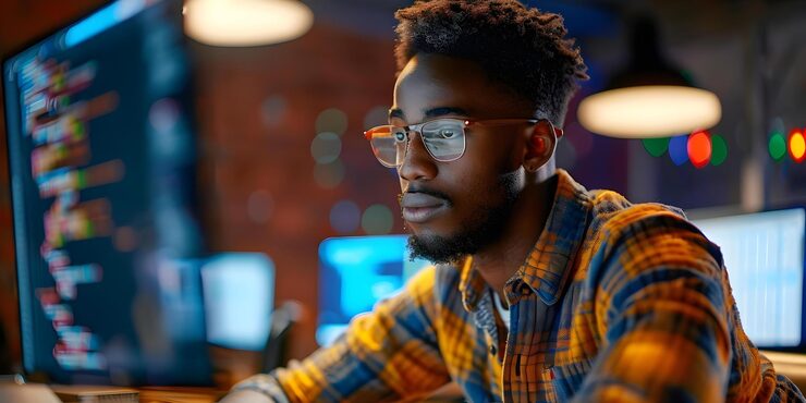 Photo focused student learning digital coding with determination through programming tutorial concept programming tutorial digital coding student focus determination learning efforts