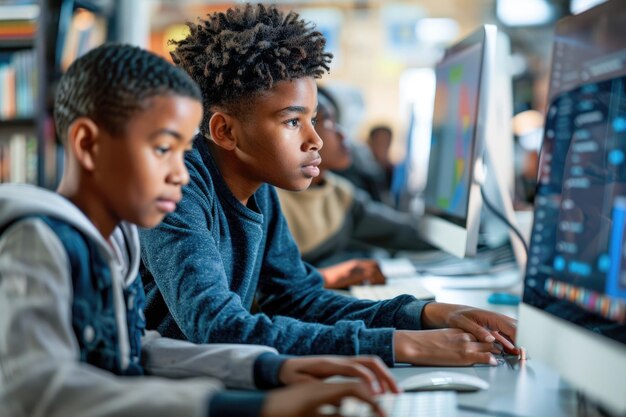 Focused Students Engaged in Computer Programming at Modern Classroom ...