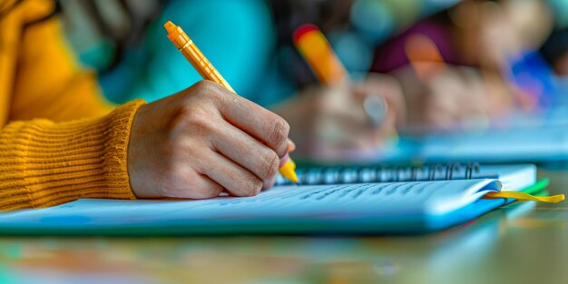 Focused Study Session Students Hand Writing in Notebook