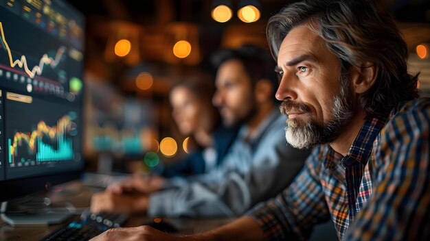 focused team deciphering data patterns on multiple monitors concept tech innovation data analysis team collaboration multitasking problem solving