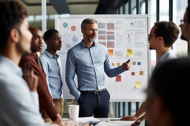 focused team leader presenting marketing plan to interested multiracial coworkers