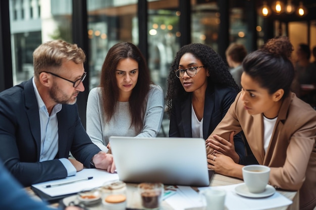 focused team leader presenting marketing plan to interested multiracial coworkers