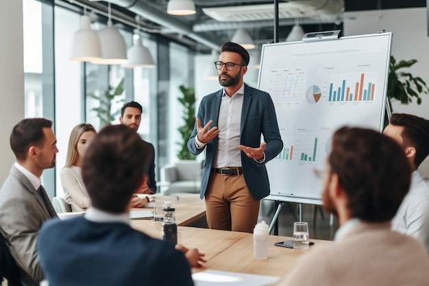 Photo focused team leader presenting marketing plan to interested multiracial coworkers