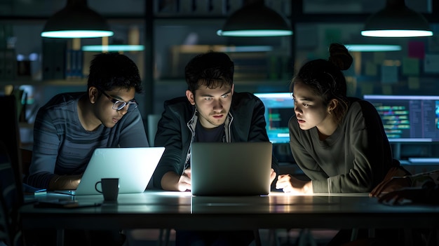 Focused tech team working late at night in a dark office Glowing screens illuminate concentrated faces Ideal for tech startup or coding concept AI