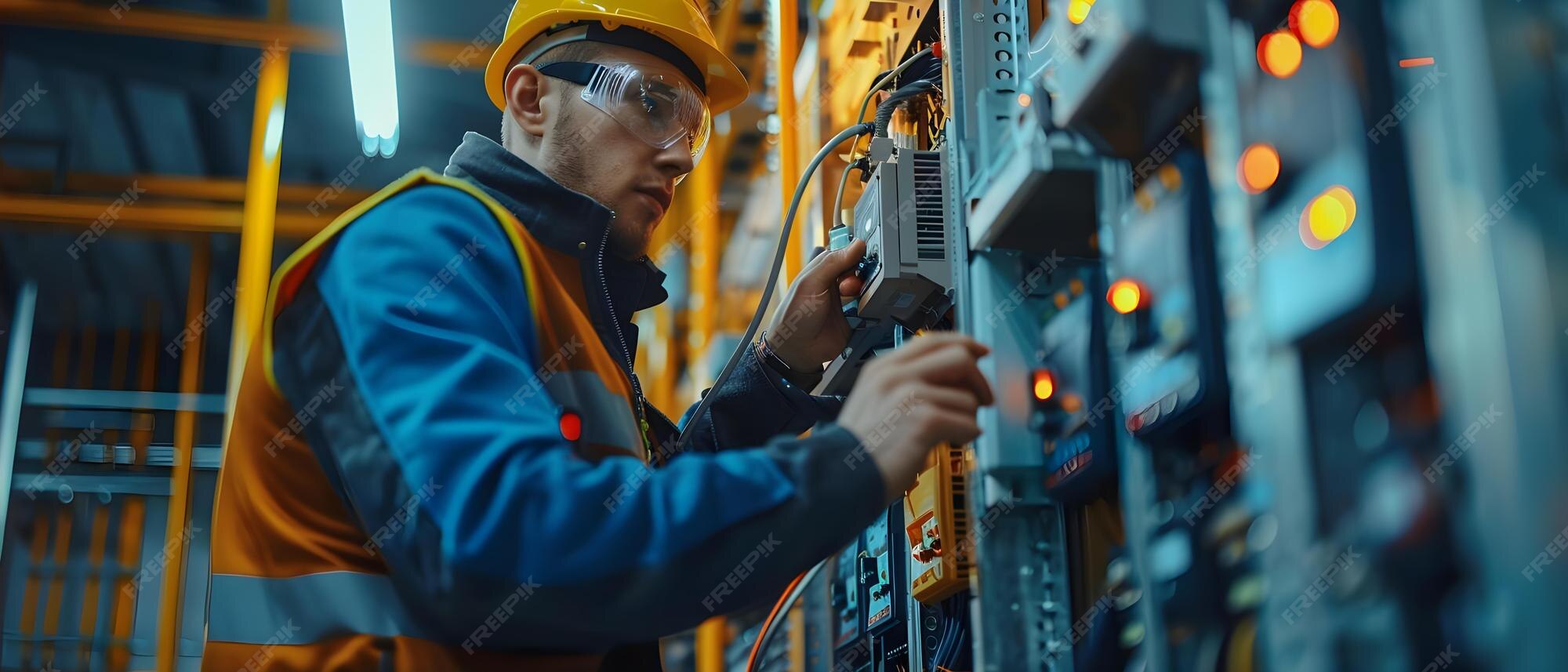 Premium Photo Focused Technician Measures Current At Electrical Panel 
