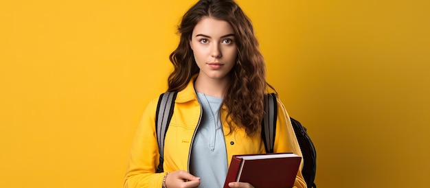 Focused teenage girl with school supplies yellow backdrop with space for text and confident stance